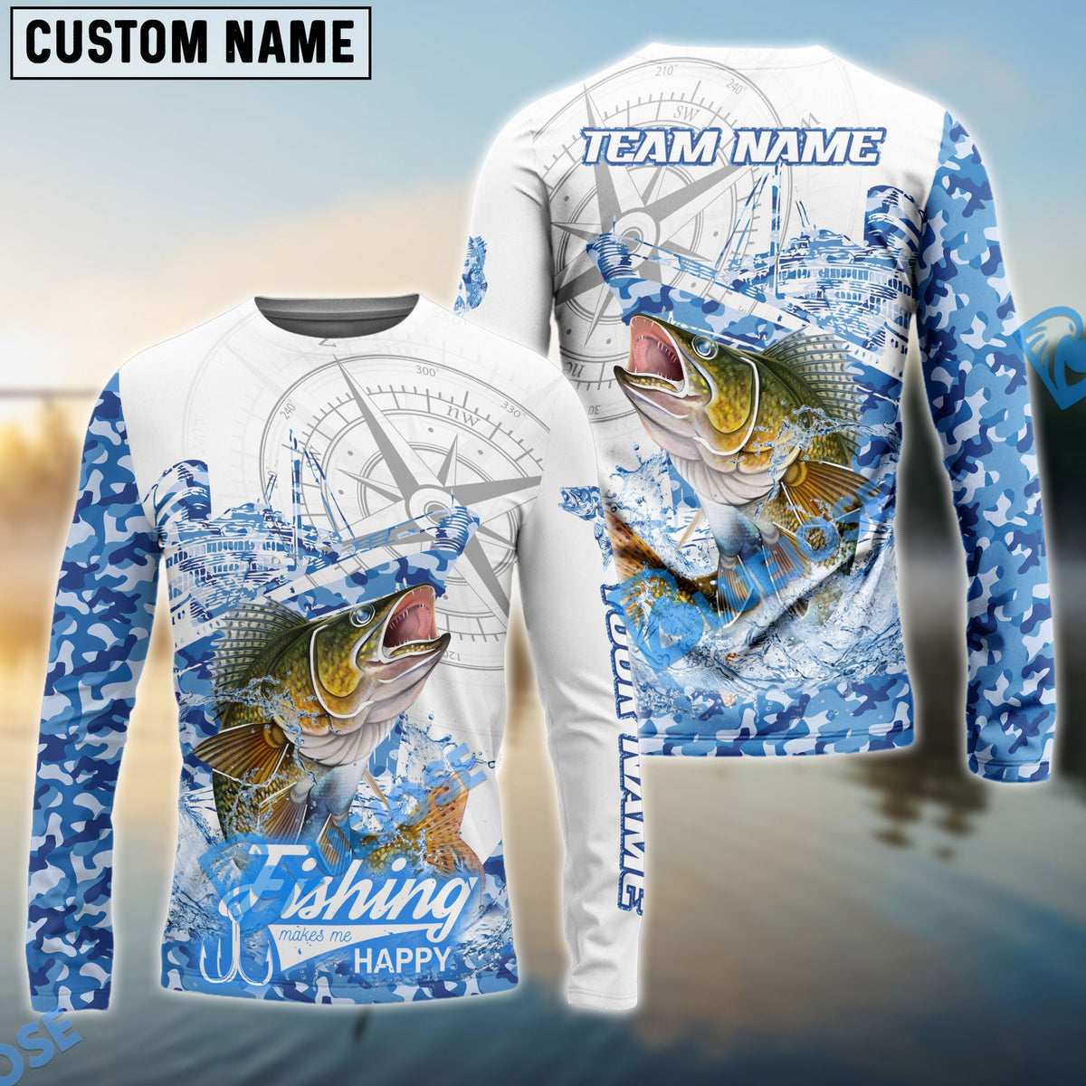 Bluejose Walleye Fishing Blue Camouflage Compass Hook Design Pattern Custom Name &amp; Team Name 3D Shirts