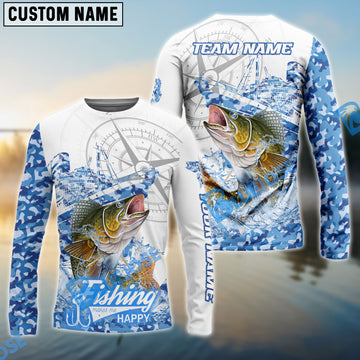 Bluejose Walleye Fishing Blue Camouflage Compass Hook Design Pattern Custom Name & Team Name 3D Shirts