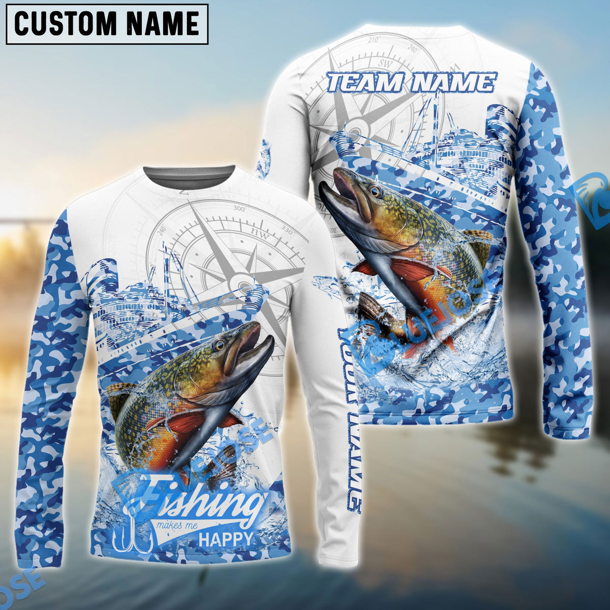 Bluejose Trout Fishing Blue Camouflage Compass Hook Design Pattern Custom Name &amp; Team Name 3D Shirts