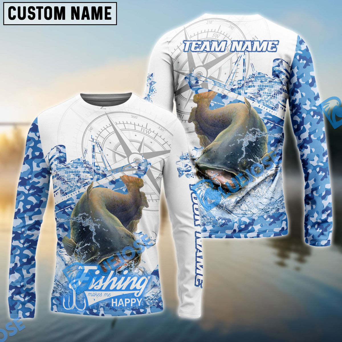 Bluejose Catfish Fishing Blue Camouflage Compass Hook Design Pattern Custom Name &amp; Team Name 3D Shirts