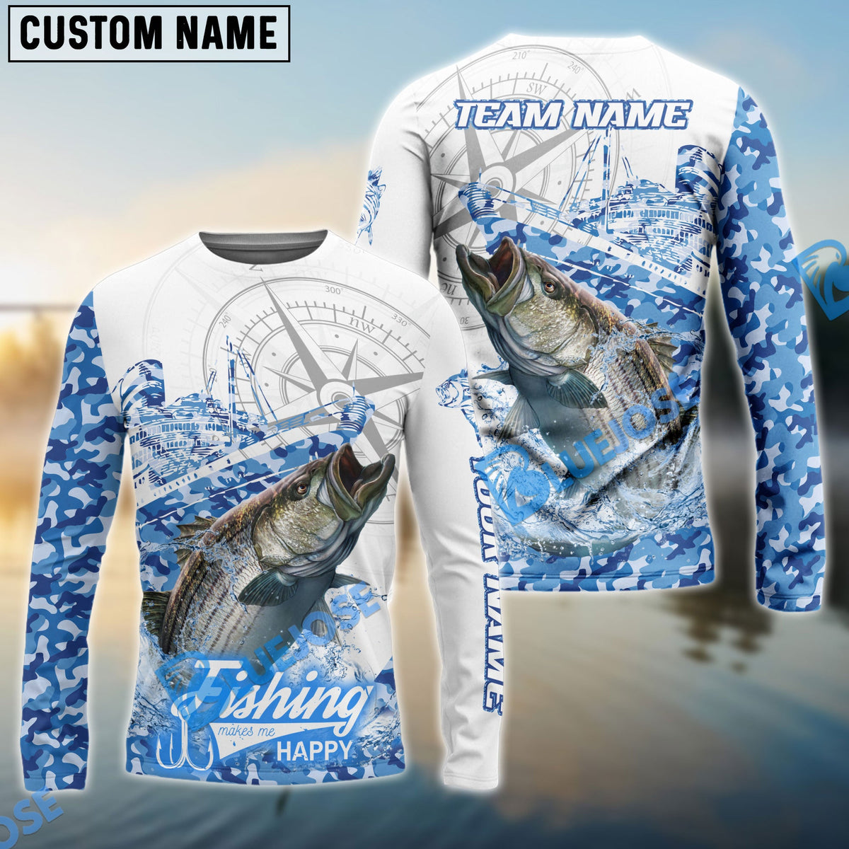 Bluejose Striped Bass Fishing Blue Camouflage Compass Hook Design Pattern Custom Name &amp; Team Name 3D Shirts