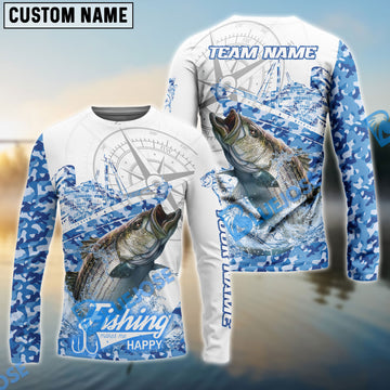 Bluejose Striped Bass Fishing Blue Camouflage Compass Hook Design Pattern Custom Name & Team Name 3D Shirts