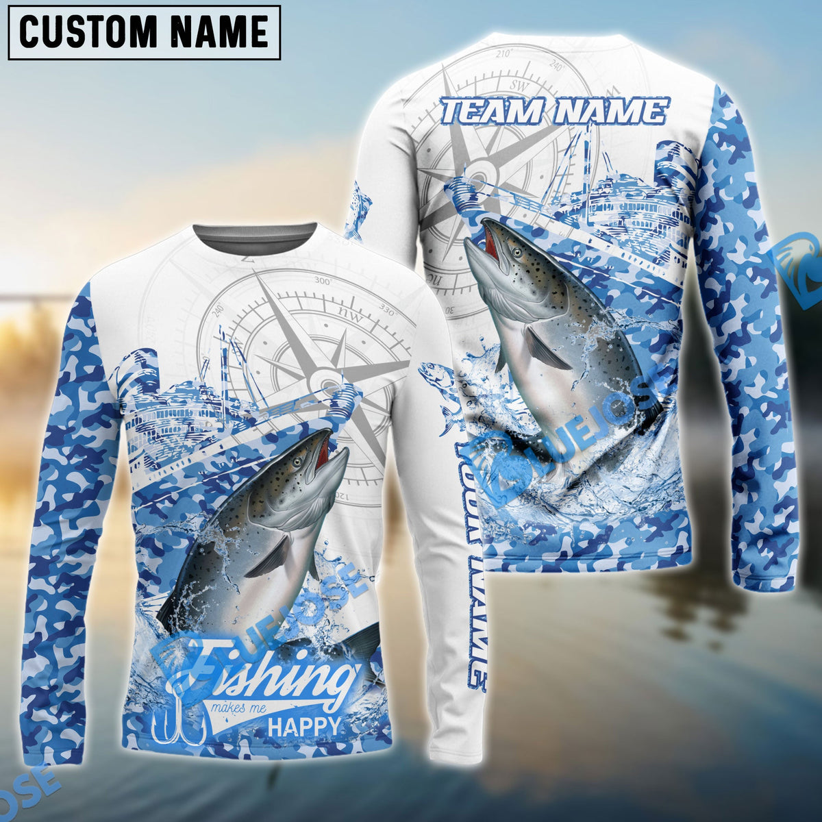 Bluejose Salmon Fishing Blue Camouflage Compass Hook Design Pattern Custom Name &amp; Team Name 3D Shirts