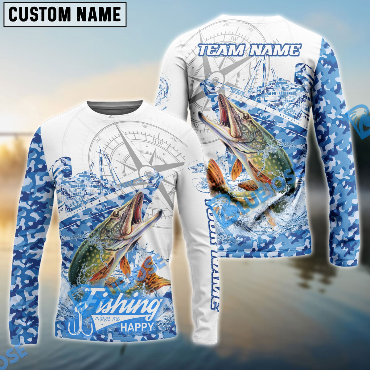 Bluejose Pike Fishing Blue Camouflage Compass Hook Design Pattern Custom Name &amp; Team Name 3D Shirts
