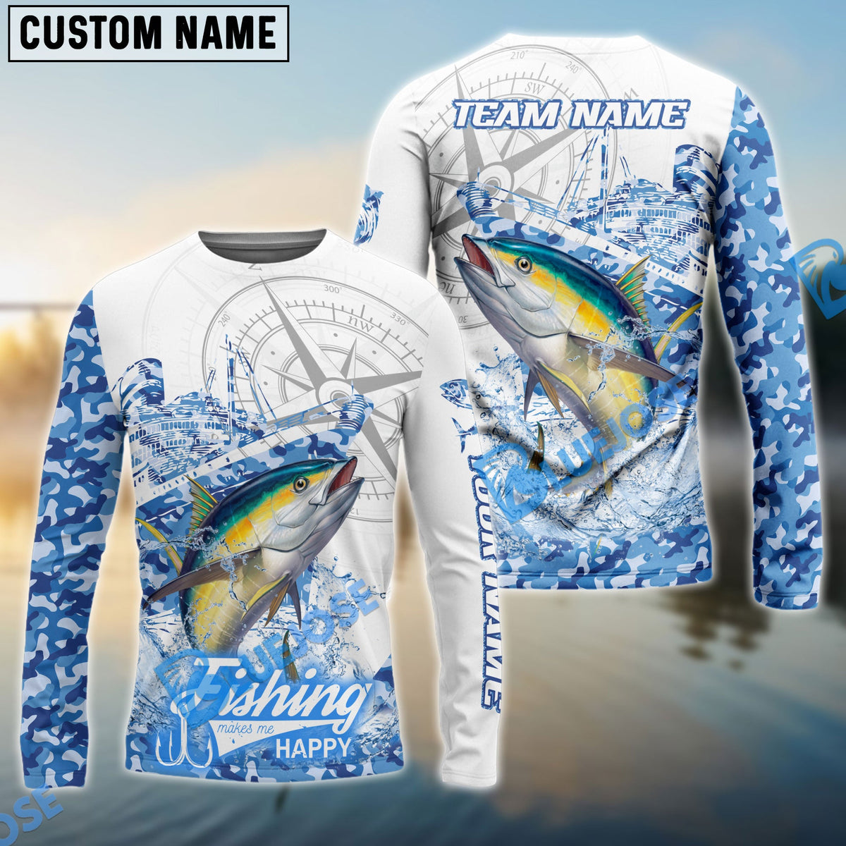 Bluejose Tuna Fishing Blue Camouflage Compass Hook Design Pattern Custom Name &amp; Team Name 3D Shirts