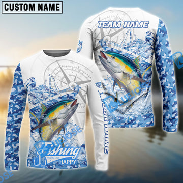 Bluejose Tuna Fishing Blue Camouflage Compass Hook Design Pattern Custom Name & Team Name 3D Shirts