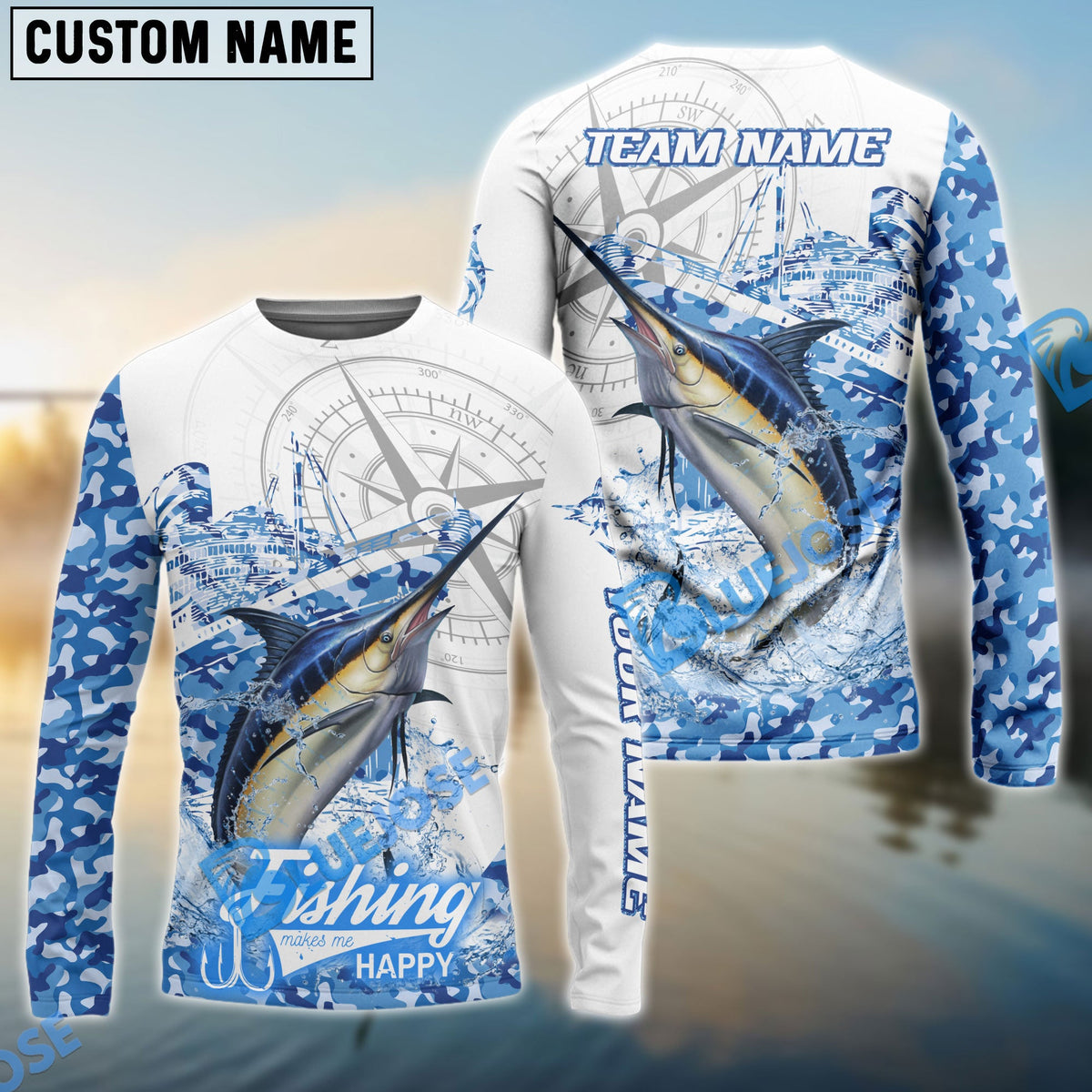 Bluejose Marlin Fishing Blue Camouflage Compass Hook Design Pattern Custom Name &amp; Team Name 3D Shirts
