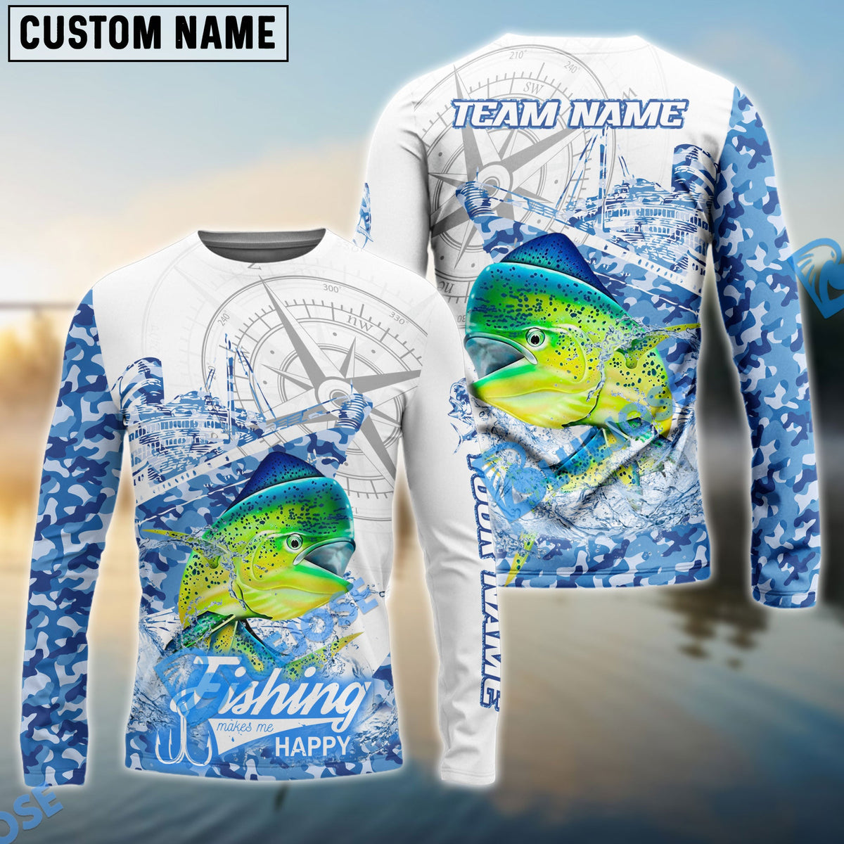 Bluejose Mahi-mahi Fishing Blue Camouflage Compass Hook Design Pattern Custom Name &amp; Team Name 3D Shirts