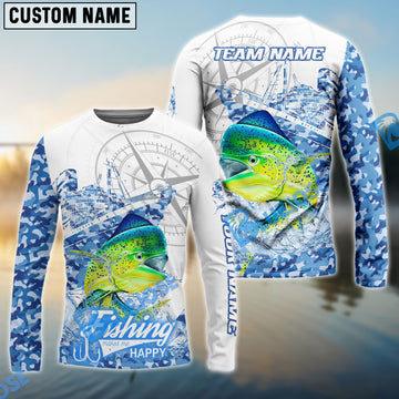 Bluejose Mahi-mahi Fishing Blue Camouflage Compass Hook Design Pattern Custom Name & Team Name 3D Shirts