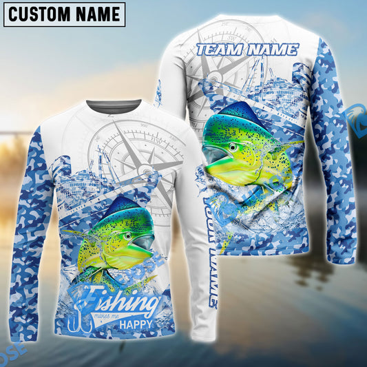 Bluejose Mahi-mahi Fishing Blue Camouflage Compass Hook Design Pattern Custom Name & Team Name 3D Shirts