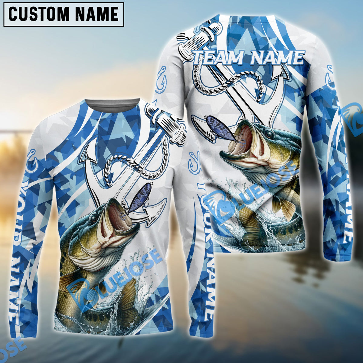Bluejose Bass Fishing Jumping Fish Rope Hook Ocean Theme Custom Name &amp; Team Name 3D Shirts