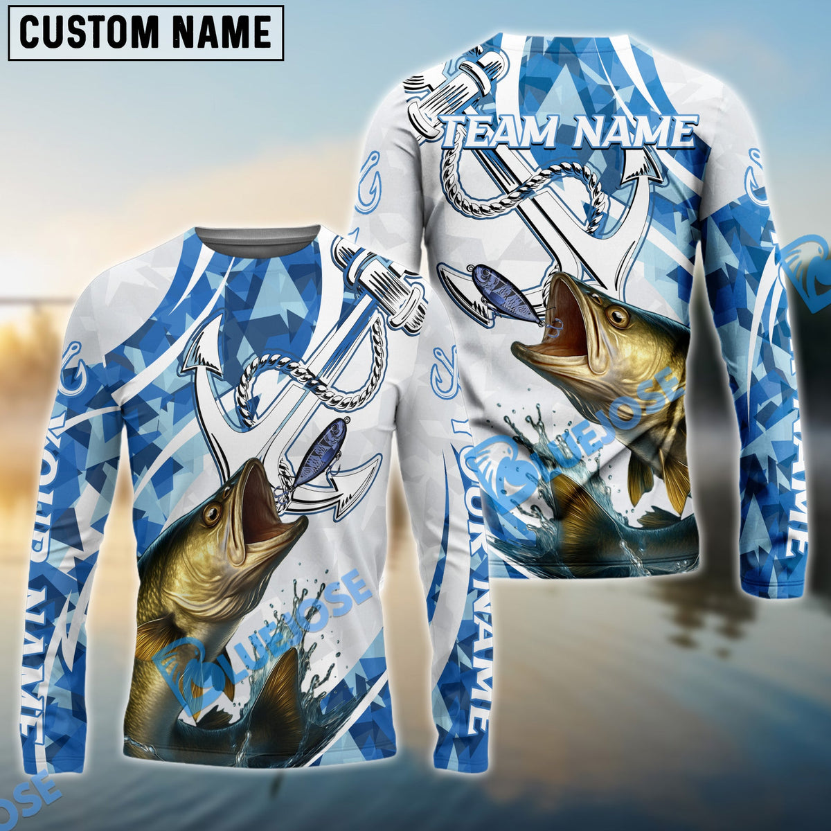 Bluejose Walleye Fishing Jumping Fish Rope Hook Ocean Theme Custom Name &amp; Team Name 3D Shirts