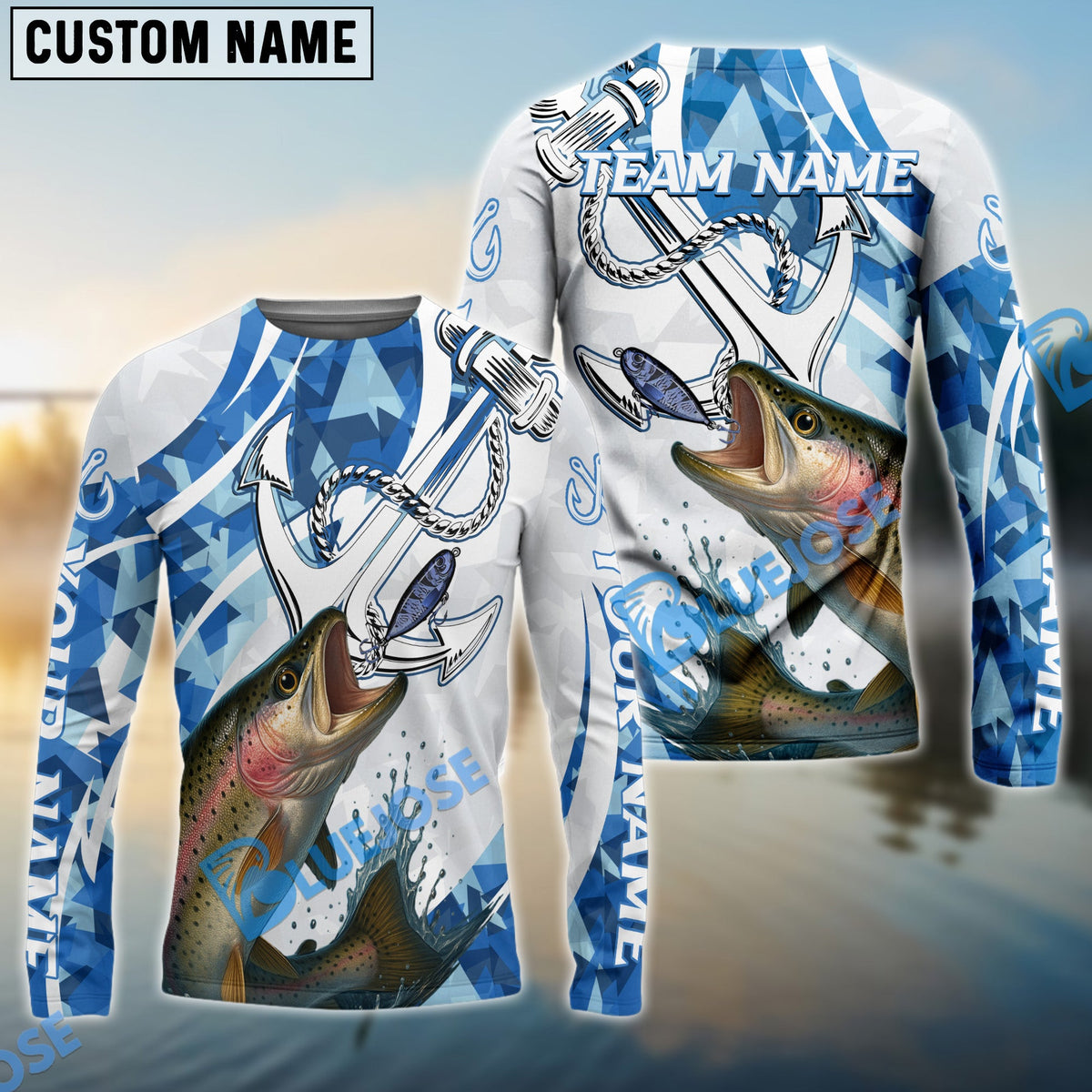 Bluejose Trout Fishing Jumping Fish Rope Hook Ocean Theme Custom Name &amp; Team Name 3D Shirts