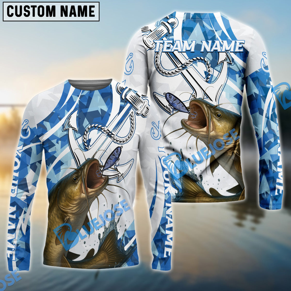 Bluejose Catfish Fishing Jumping Fish Rope Hook Ocean Theme Custom Name &amp; Team Name 3D Shirts