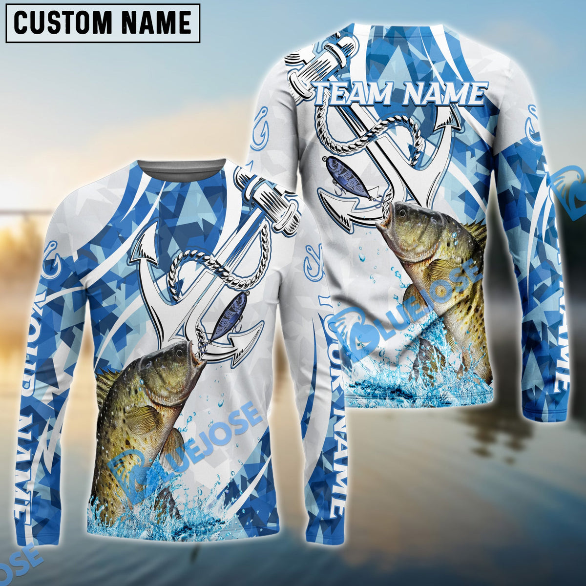 Bluejose Crappie Fishing Jumping Fish Rope Hook Ocean Theme Custom Name &amp; Team Name 3D Shirts