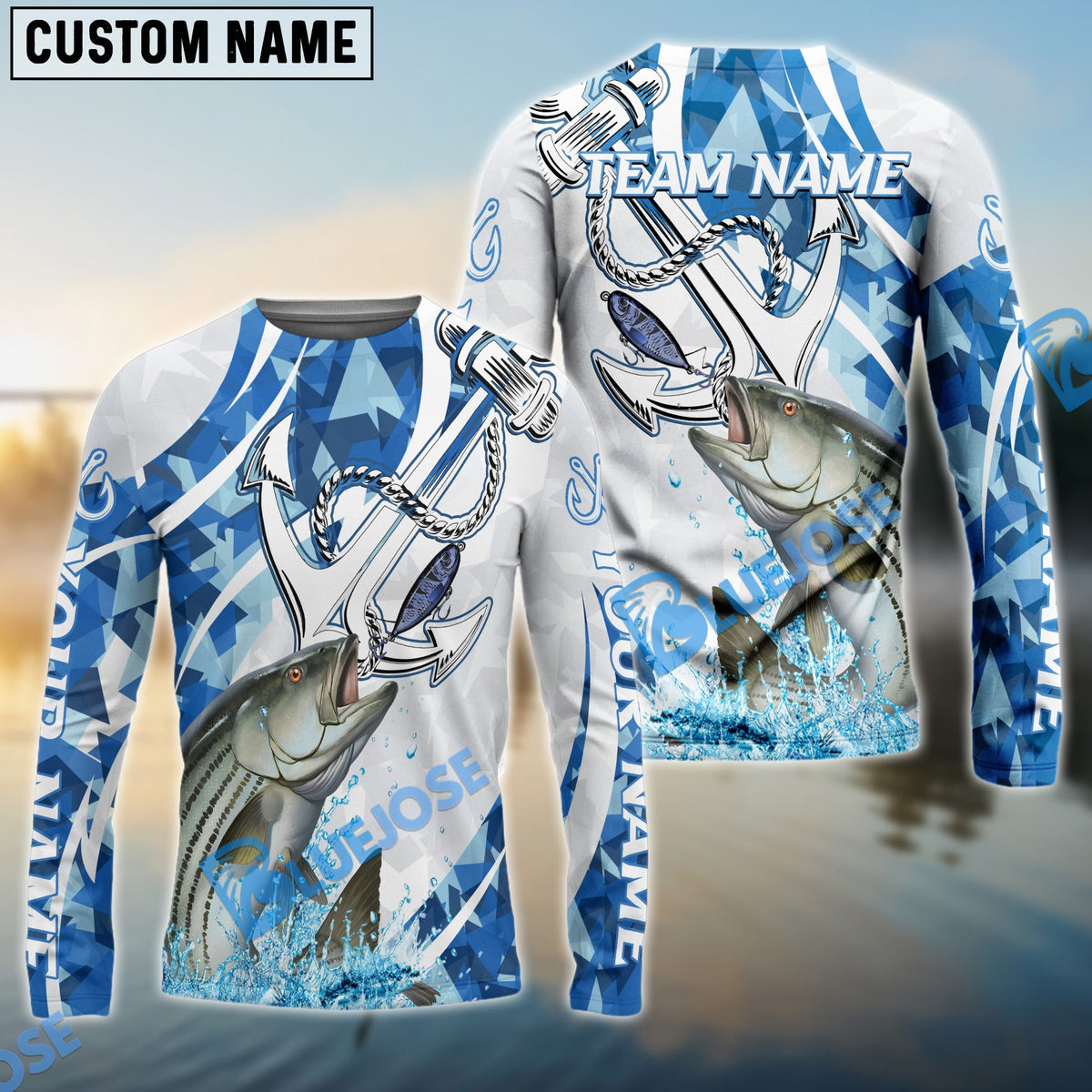 Bluejose Striped Bass Fishing Jumping Fish Rope Hook Ocean Theme Custom Name &amp; Team Name 3D Shirts