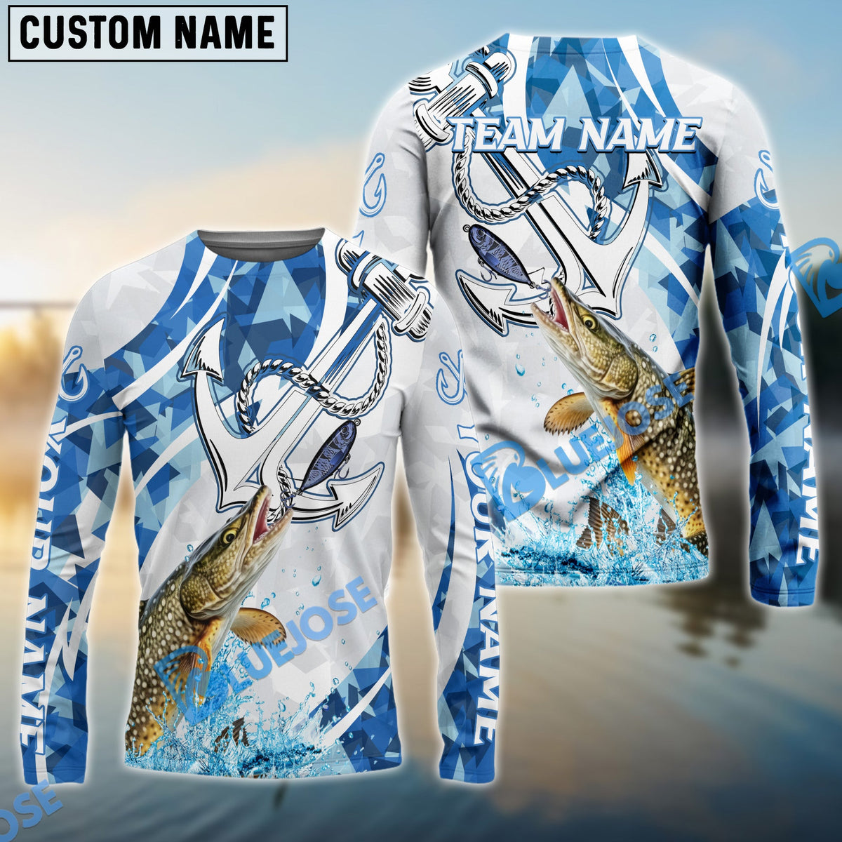 Bluejose Pike Fishing Jumping Fish Rope Hook Ocean Theme Custom Name &amp; Team Name 3D Shirts