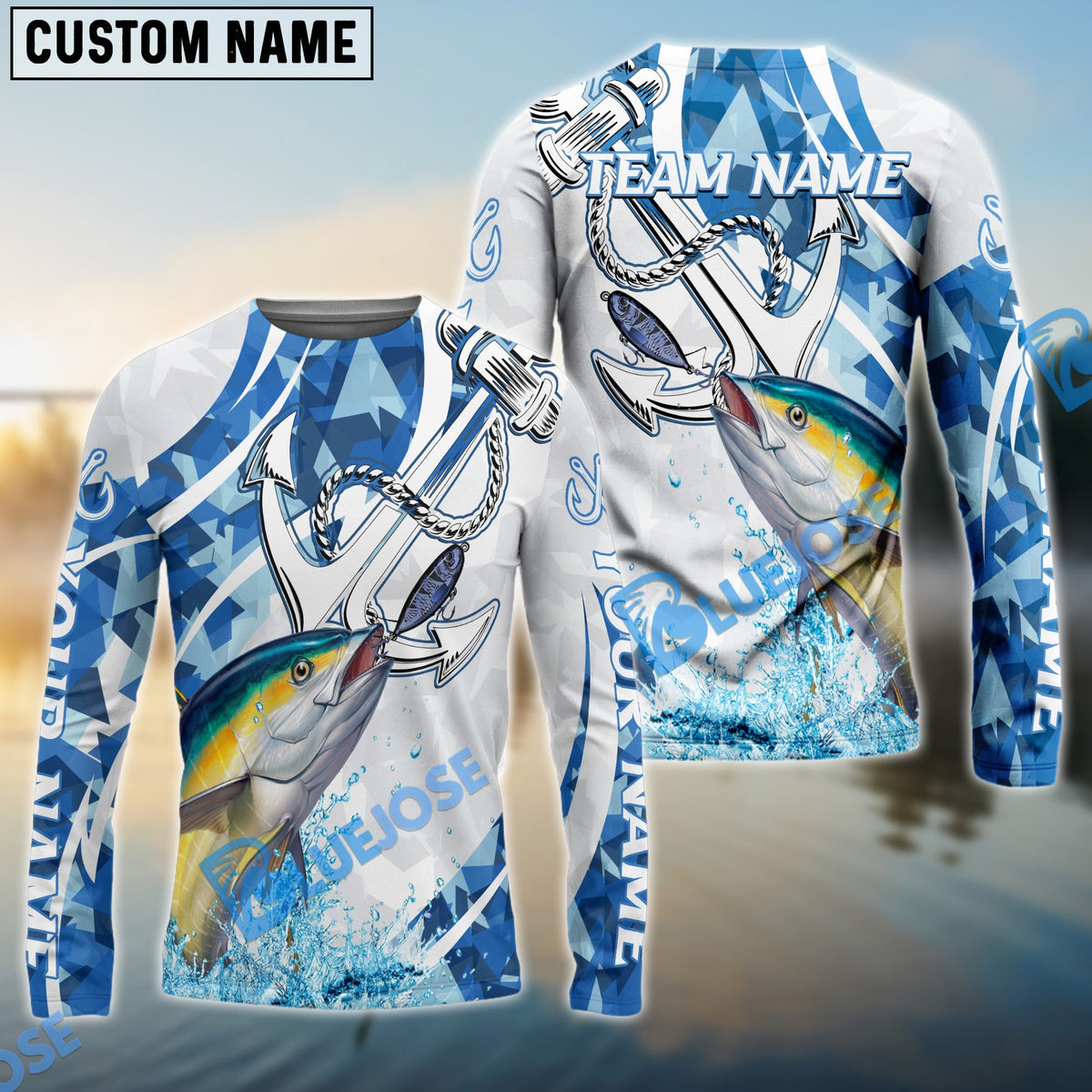 Bluejose Tuna Fishing Jumping Fish Rope Hook Ocean Theme Custom Name &amp; Team Name 3D Shirts