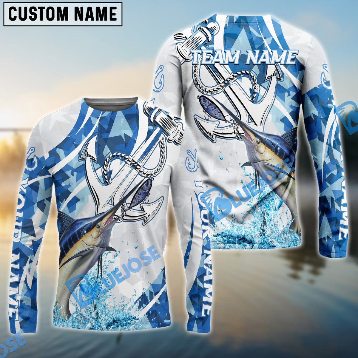 Bluejose Marlin Fishing Jumping Fish Rope Hook Ocean Theme Custom Name &amp; Team Name 3D Shirts