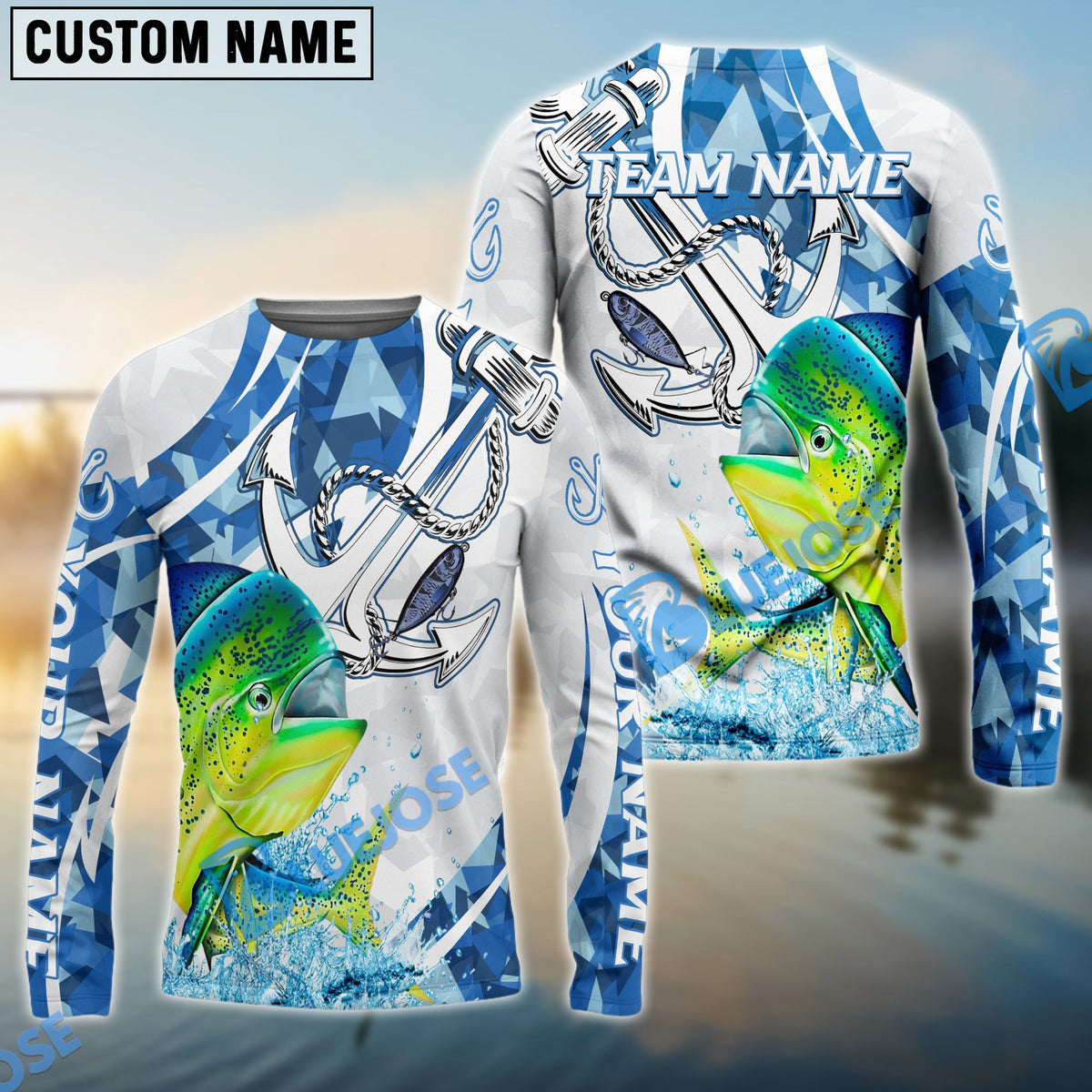 Bluejose Mahimahi Fishing Jumping Fish Rope Hook Ocean Theme Custom Name &amp; Team Name 3D Shirts