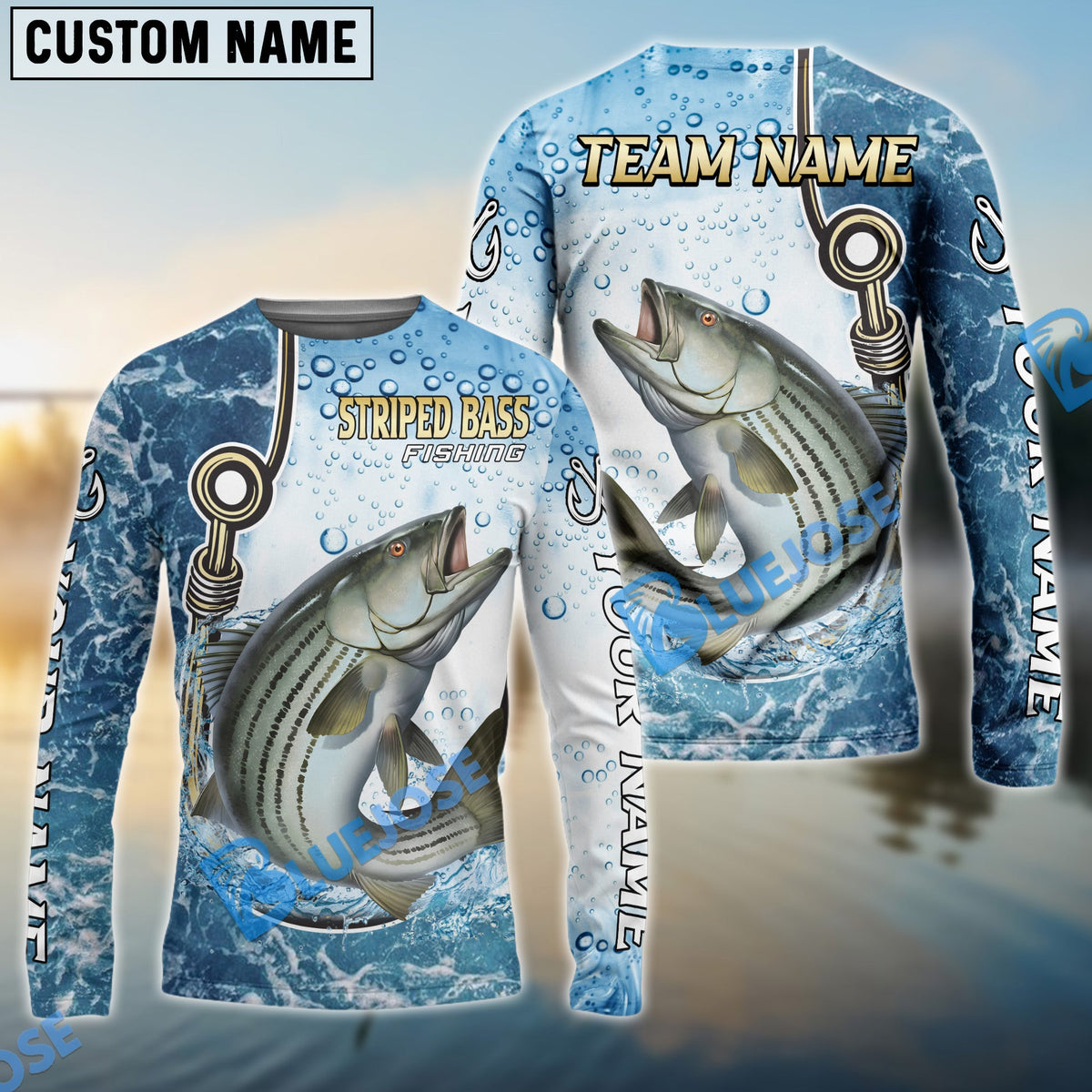 Bluejose Striped Bass Fishing Golden Hook Graphic Sport Custom Name &amp; Team Name 3D Shirts