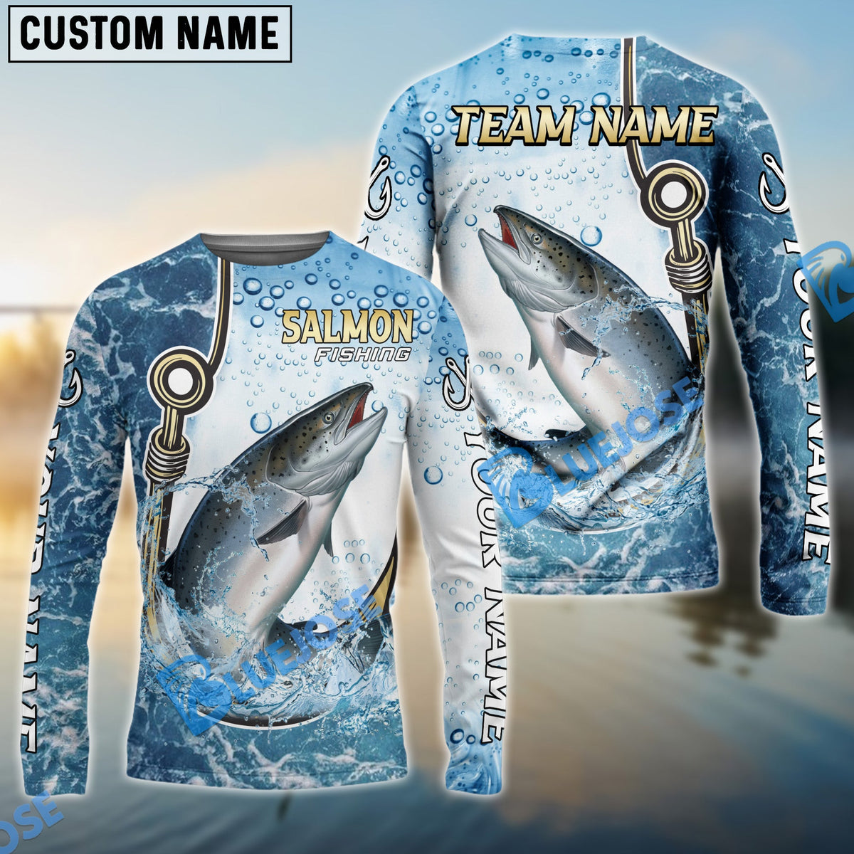 Bluejose Salmon Fishing Golden Hook Graphic Sport Custom Name &amp; Team Name 3D Shirts