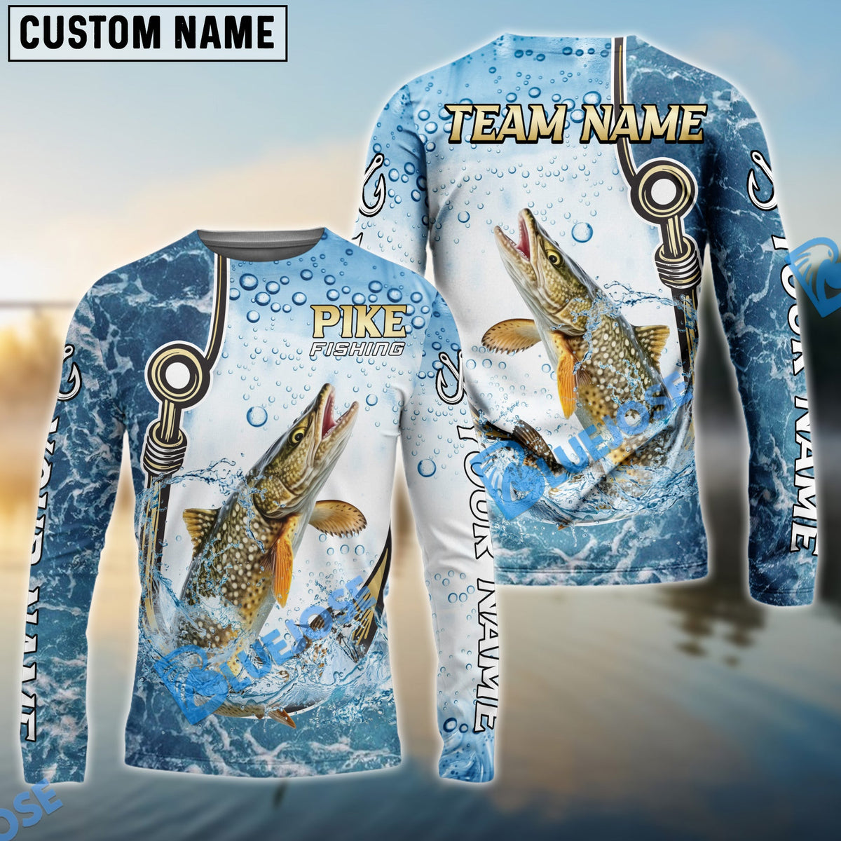 Bluejose Pike Fishing Golden Hook Graphic Sport Custom Name &amp; Team Name 3D Shirts