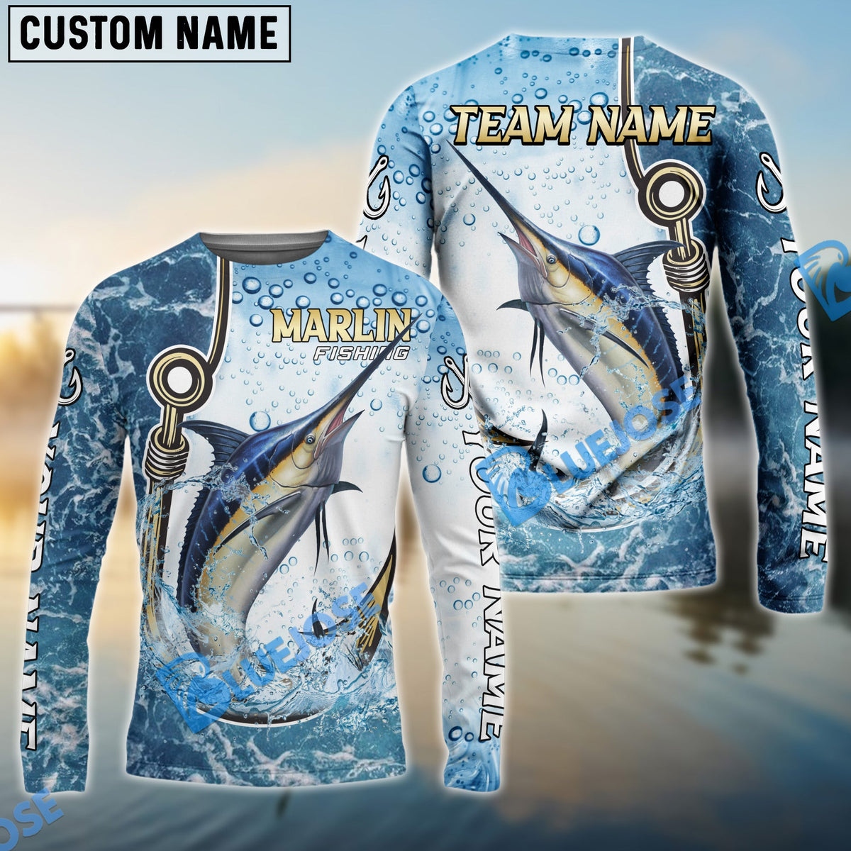 Bluejose Marlin Fishing Golden Hook Graphic Sport Custom Name &amp; Team Name 3D Shirts