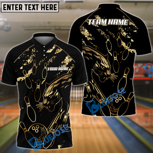 BlueJose Bowling And Pins Golden Panther Customized Name, Team Name 3D Shirt (4 Colors)