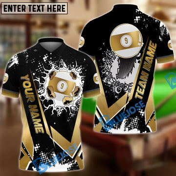 BlueJose Billiards Black Gold 9 Ball Design Personalized Name Shirt (4 Colors)