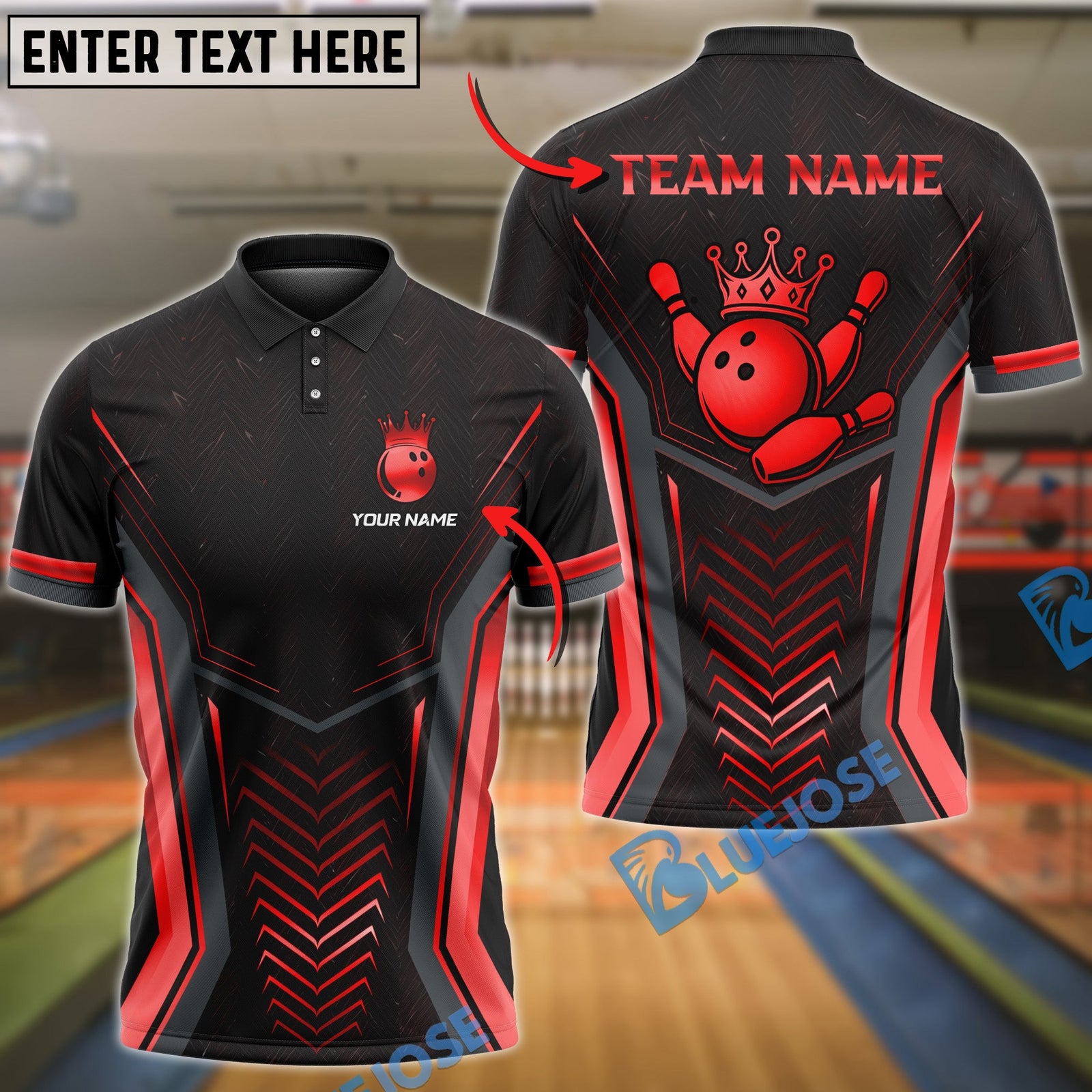 BlueJose Bowling And Pins Arrow Armor King Emblem Customized Name, Team Name 3D Shirt (4 Colors)