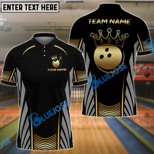 BlueJose Bowling And Pins Golden Crown Design Customized Name, Team Name 3D Shirt (4 Colors)