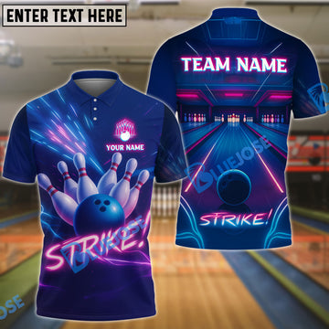 BlueJose Bowling And Pins Neon Strike Lane Customized Name, Team Name 3D Shirt (4 Colors)