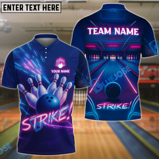 BlueJose Bowling And Pins Neon Strike Lane Customized Name, Team Name 3D Shirt (4 Colors)