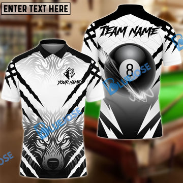 BlueJose Billiards 8-Ball Wolf Pattern Personalized Name Shirt (4 Colors)