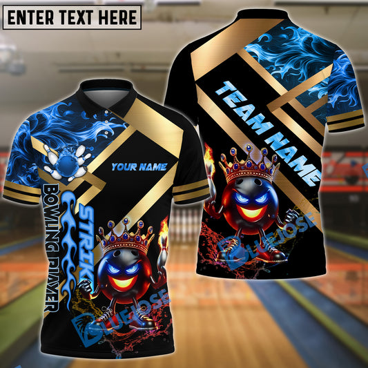 BlueJose Bowling And Pins King Fireball Gold Strike Design Customized Name, Team Name 3D Shirt (4 Colors)
