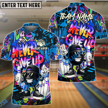 BlueJose Bowling And Pins Cartoon Never Give Up Graffiti Customized Name, Team Name 3D Shirt (4 Colors)