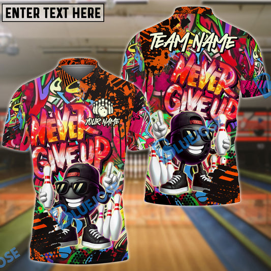 BlueJose Bowling And Pins Cartoon Never Give Up Graffiti Customized Name, Team Name 3D Shirt (4 Colors)