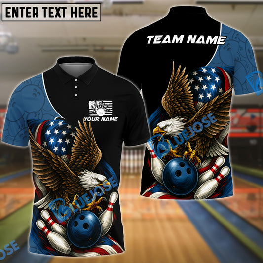 BlueJose Bowling And Pins Patriot Eagle Flag Customized Name, Team Name 3D Shirt (4 Colors)