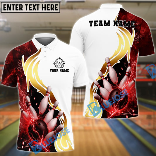 BlueJose Bowling And Pins White Golden Lightning Customized Name, Team Name 3D Shirt (4 Colors)