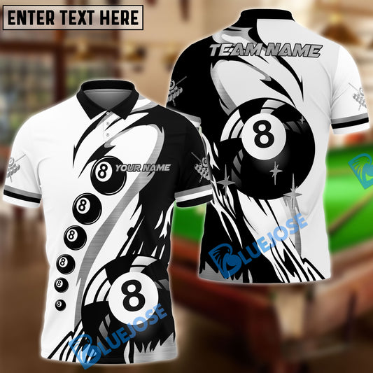 BlueJose Billiards Classic 8-Ball Black & White Personalized Name Shirt (4 Colors)
