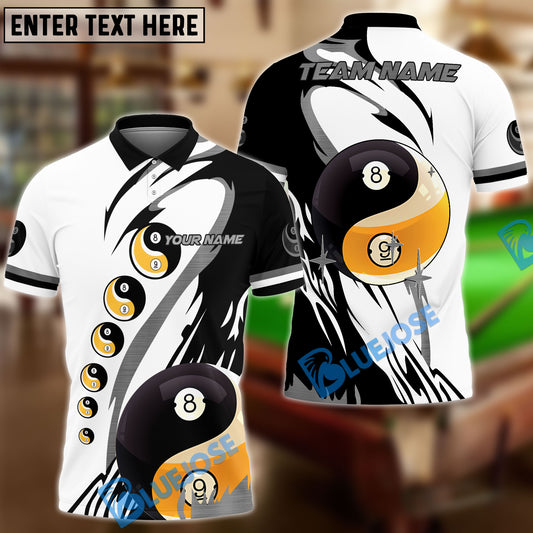 BlueJose Billiards Classic Yin-Yang 8 & 9 Ball Black & White Personalized Name Shirt (4 Colors)