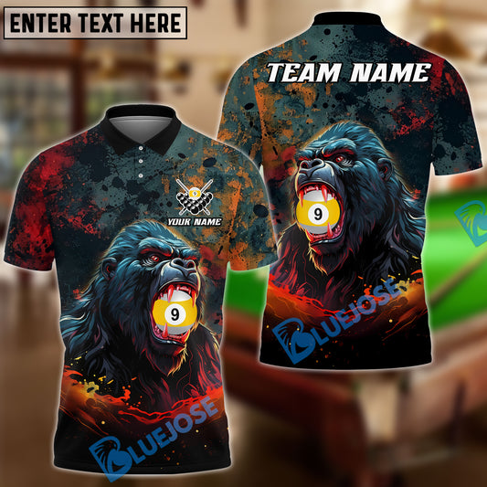 BlueJose Billiards 9-Ball Fierce Gorilla Personalized Name Shirt (4 Colors)