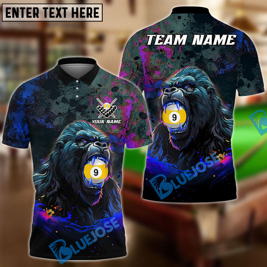 BlueJose Billiards 9-Ball Fierce Gorilla Personalized Name Shirt (4 Colors)
