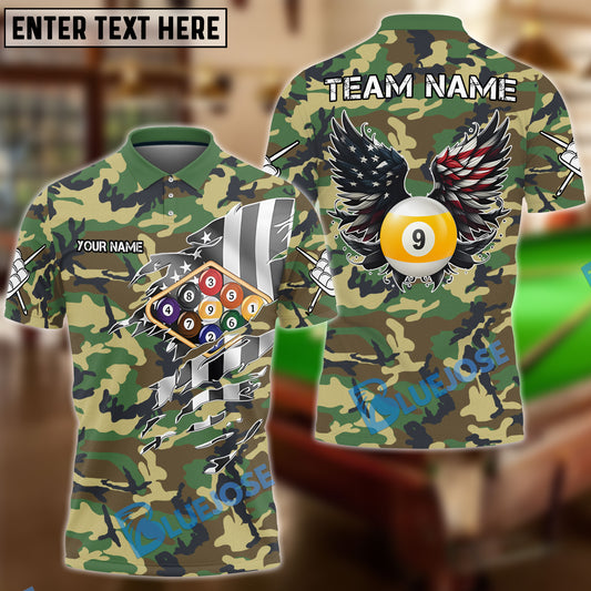 BlueJose Billiards 9-Ball Camo American Wings Personalized Name Shirt (4 Colors)