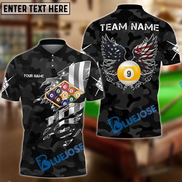 BlueJose Billiards 9-Ball Camo American Wings Personalized Name Shirt (4 Colors)