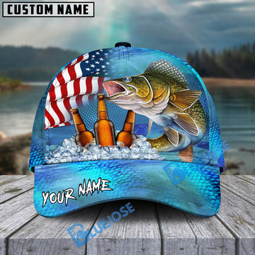 BlueJose Walleye Fishing Beer USA Flag Personalized Cap