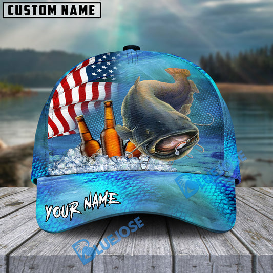 BlueJose Catfish Fishing Beer USA Flag Personalized Cap
