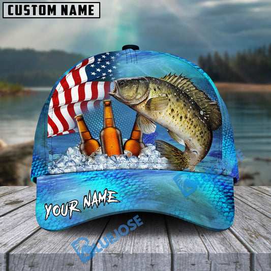 BlueJose Crappie Fishing Beer USA Flag Personalized Cap