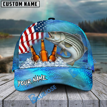 BlueJose Striped Bass Fishing Beer USA Flag Personalized Cap